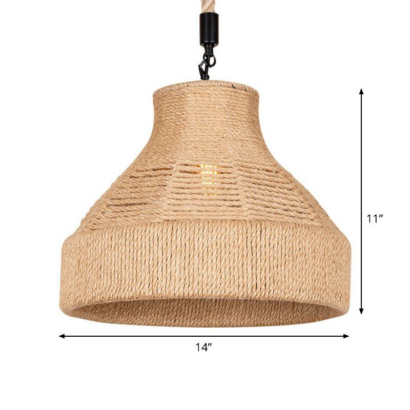 Hand-Wrapped Rope Bell Hanging Lamp Farmhouse 1 Bulb Restaurant Suspended Lighting Fixture in Brown