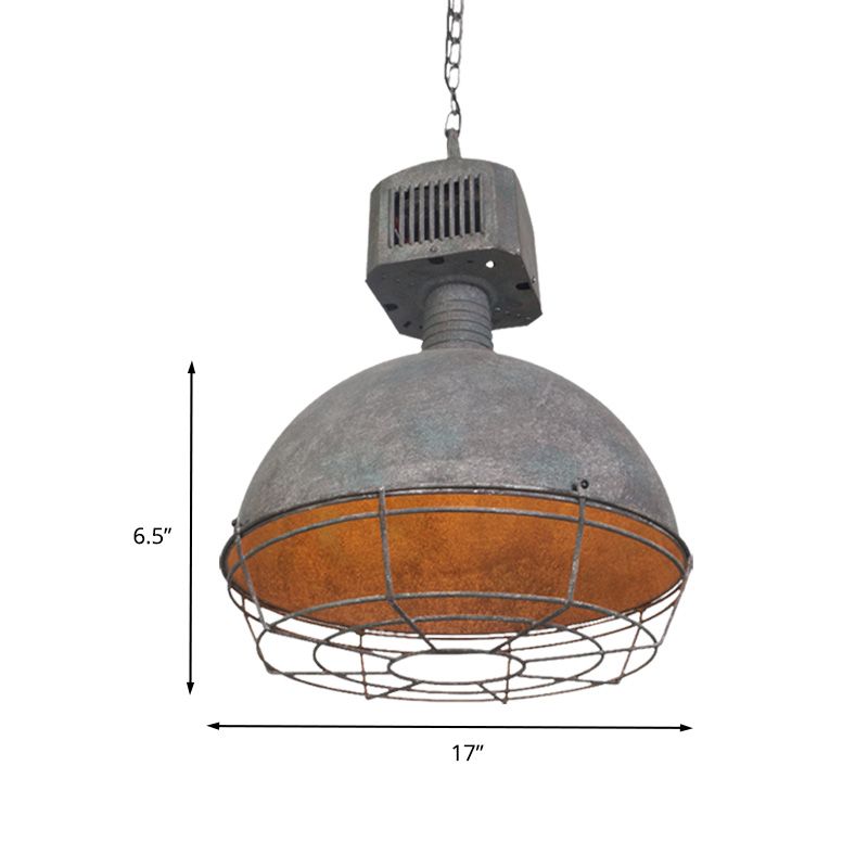 Caged Restaurant Hanging Light Kit Rustic Iron 1 Light Grey Finish Suspended Pendant Lamp with Domed Shade