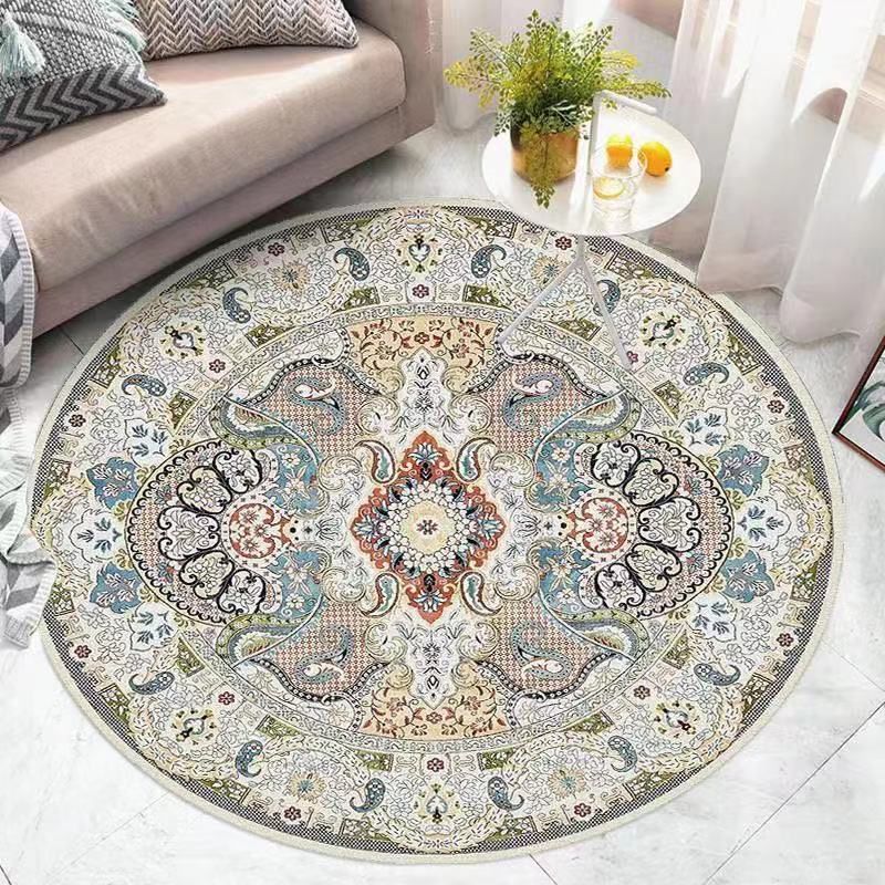 Retro Ethnic Style Round Rug Polyester Rug Stain Resistant Rug for Living Room Bedroom