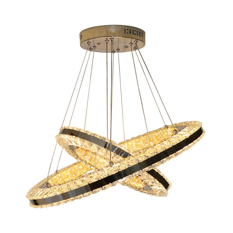 Double Ring Parlor Hanging Lamp Modern Clear Rectangular-Cut Crystals Black LED Multi Pendant