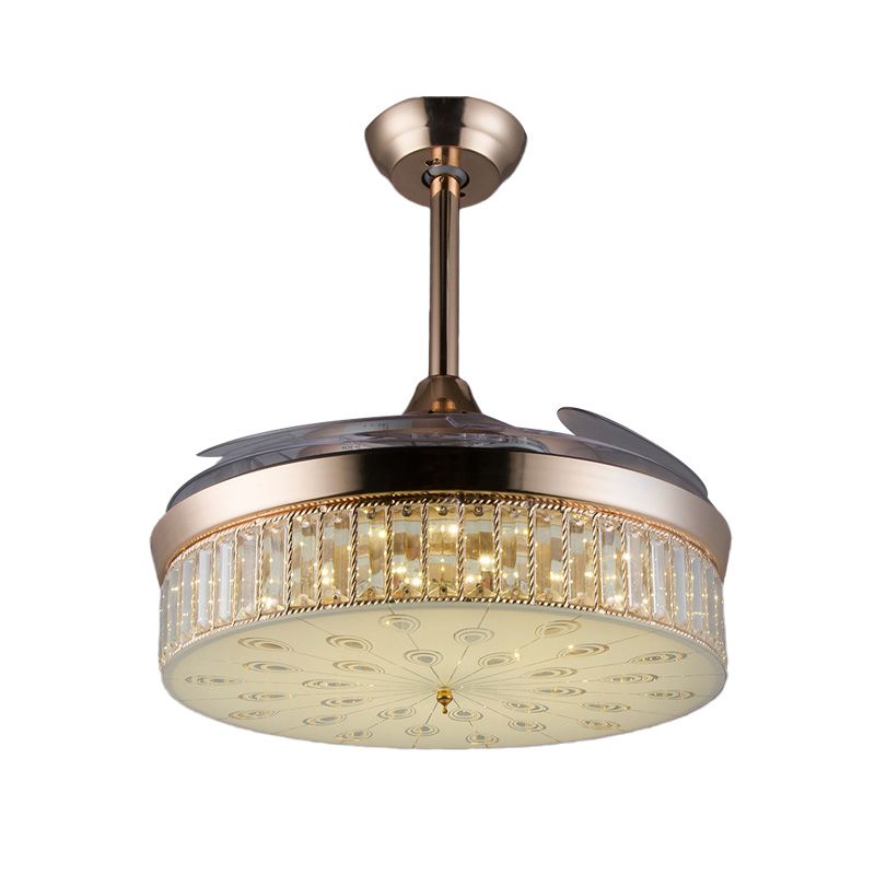 Modern Round Flush Ceiling Fan 3 Blades Crystal LED Semi Flush Mount Lighting in Gold, 42.5" Wide