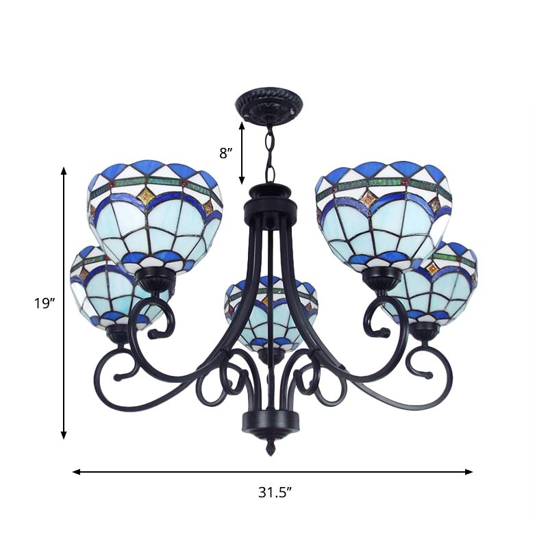 Mediterrane kom hanglampverlichting 5 lichten gebrandschilderd glas hangend plafondlicht in blauw