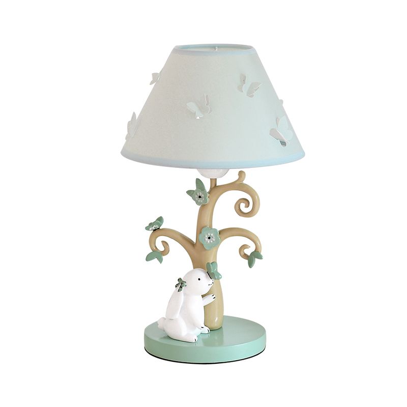 Cone Shade Fabric Nightstand Light Cartoon 1 Head Blue Table Lamp with Tree Base and Rabbit Decor