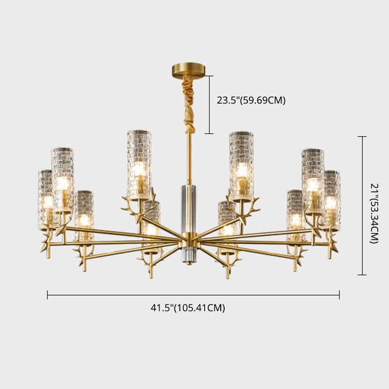 Luz de colgante radial de oro a mediados del siglo de mediados de siglo Cilíndrica de vidrio transparente Luz para sala de estar