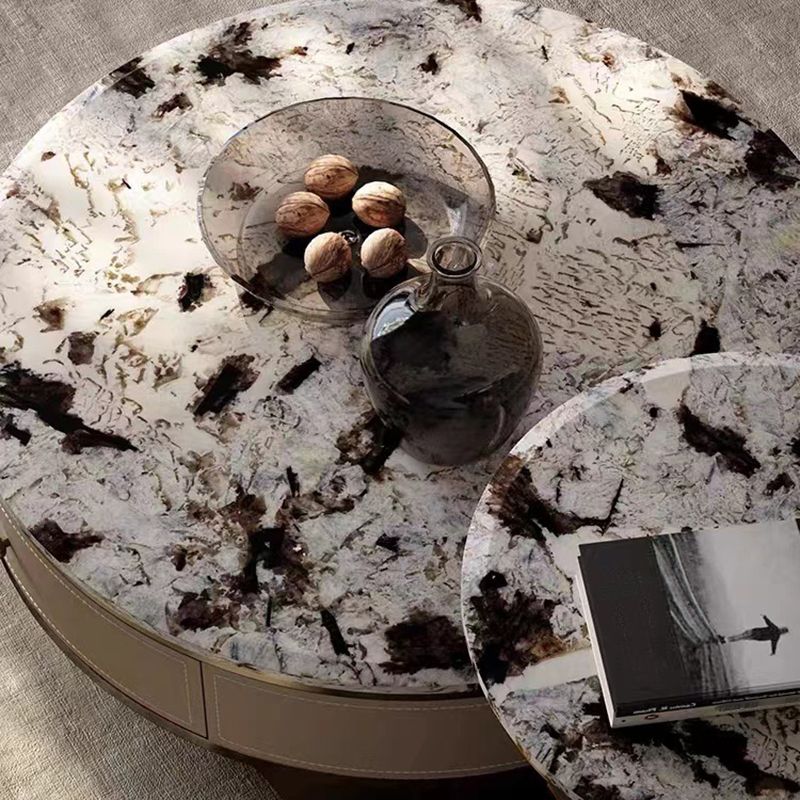 Drum Base Design Marble White/black White Top Metal Base Round Coffee Table