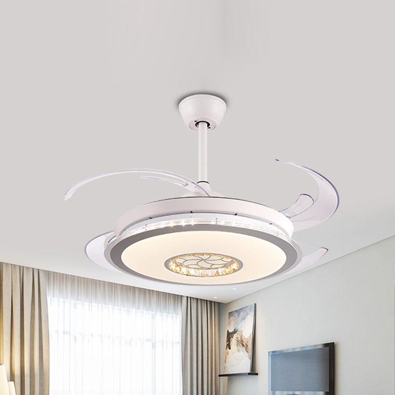 Minimalistic Round LED Ceiling Fan 47" Wide 4-Blade Crystal Semi Mount Lighting in White