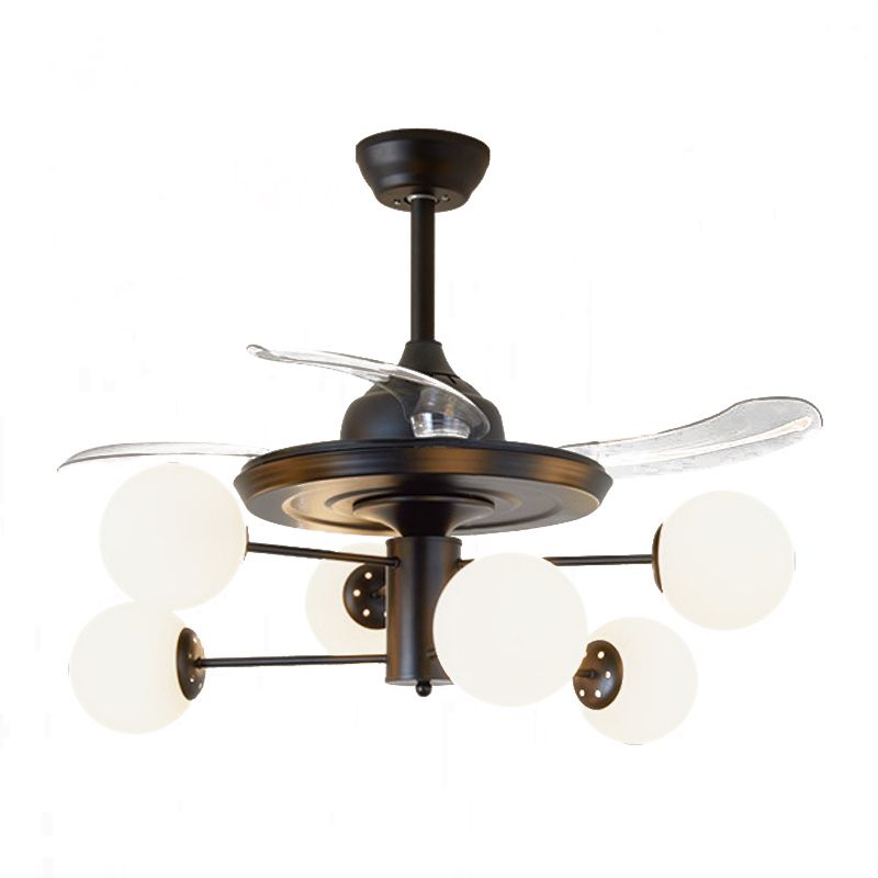 Black Tiered Semi Mount Lighting Rural 6 Bulbs Opal Ball Glass Ceiling Fan with 3 Clear Blades, 29.5" Wide