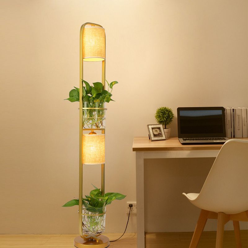 Cylindrical Fabric Floor Lamp Modern 2 Heads Standing Floor Light with Glass Plant Jar