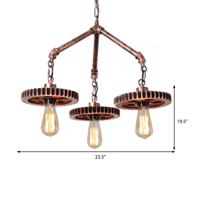 Open Metal Light Chandelier Industrial 3-Light Dining Room Pendant Lighting in Weathered Copper Gear