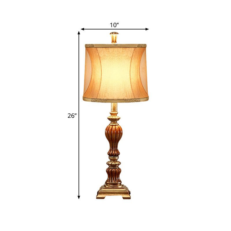 Drum Design Living Room Night Table Lamp Retro Style Fabric 1-Bulb Brown Desk Light with Square Pedestal