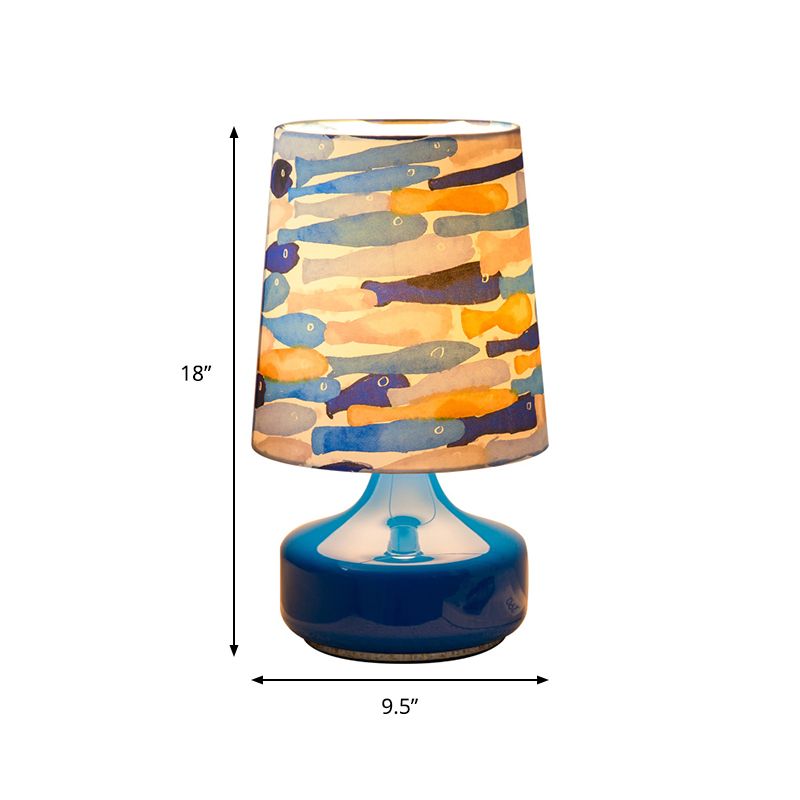 Barrel Table Lamp Kids Fabric 1 Bulb Dark Blue Reading Book Light with Fish School Pattern for Bedside