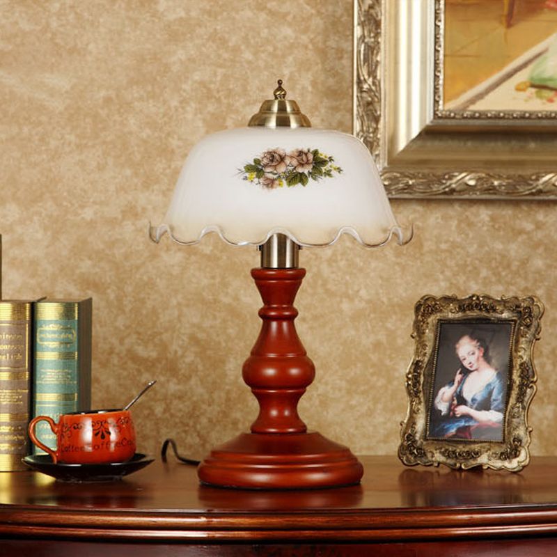 Red Brown Baluster Night Light Countryside Wood 1 Head Lounge Table Lamp with Bowled Opal Glass Lampshade