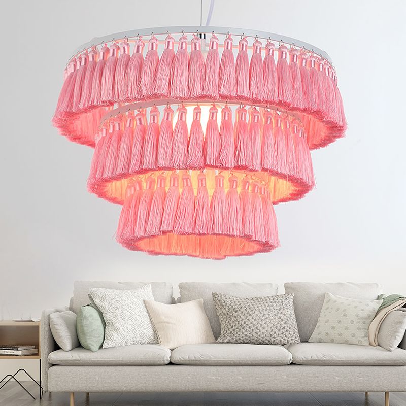 Modern Style Pendant Light with Tassel Single Light Fabric Ceiling Pendant for Girl Bedroom