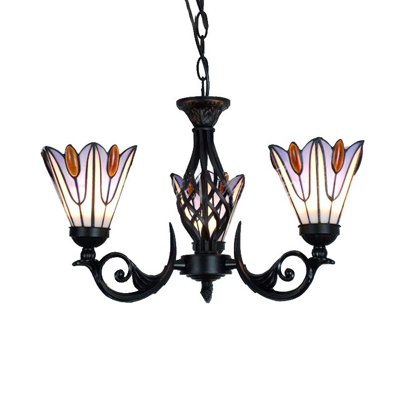 Floral Hanging Light with Metal Chain Stained Glass Tiffany Pendant Lighting in Black Finish for Stairway