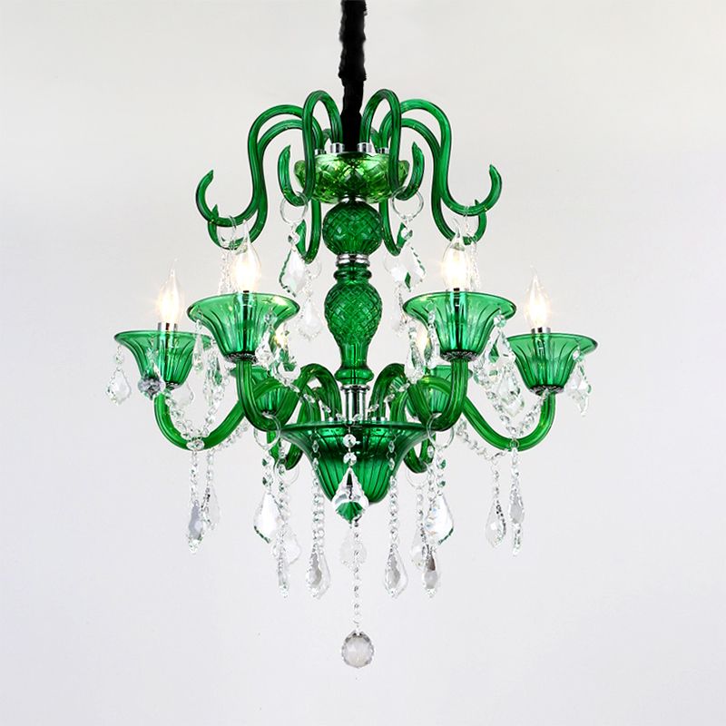 6 Heads Living Room Pendant Chandelier Retro Green Hanging Light Kit with Branch Crystal Shade