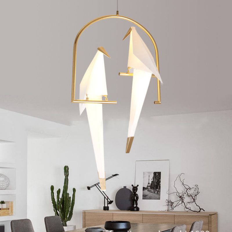 Plastic Birdie Chandelier Lighting Modernist 2/3 Lights Gold Finish Hanging Light with Metal Ring, Warm/White Light