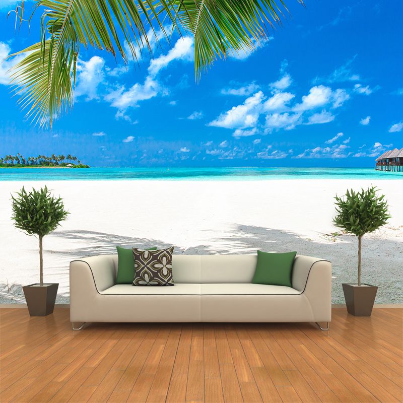 Beach with Palm Tree Mural Bright Tropical Wall Covering for Accent Wall, Custom Size
