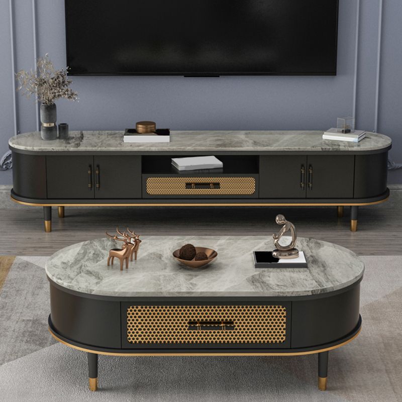 Glam Stone TV Stand Console Black Open Storage Media Console with Doors