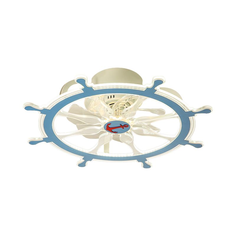 7 Blades Steering Wheel Semi Flush Ceiling Light Modernist Acrylic Nursery Room LED Pendant Fan Light in Pink/Blue, 23" Wide