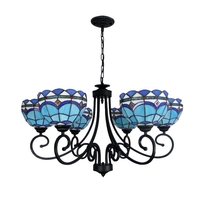 Lampadella blu in vetro lampadario 6 luci a ciondolo barocco con catena di metallo per soggiorno