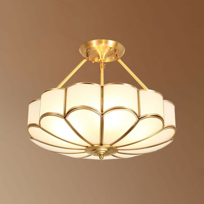 Cream Glass Flower Suspension Light Minimalist Bedroom Chandelier Pendant in Brass