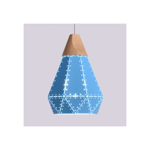 Restaurant Diamond Shaped Ceiling Light Metal & Wood Macaron Style Blue/Green/Pink/Yellow Pendant Lighting