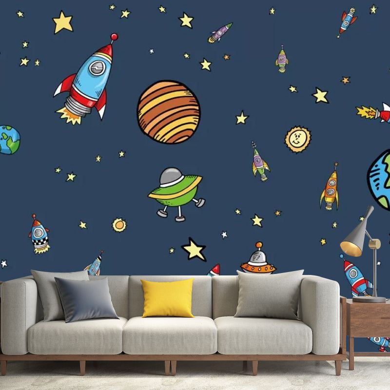 Enormous Illustration Nordic Mural Wallpaper for Kid's Bedroom with Cartoon Deep Space Design in Dark Blue