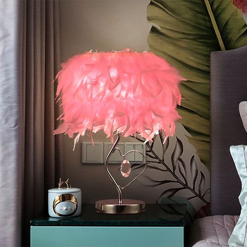 Cylindrical Bedroom Table Light Natural Feather Single-Bulb Nordic Nightstand Lamp