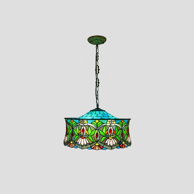 Traditional Shaded Ceiling Light 3 Bulbs Flower Stained Glass Hanging Lamp for Living Room