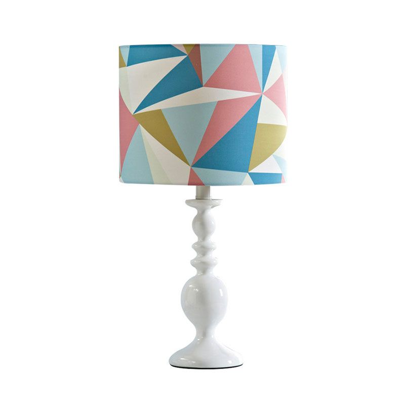 Drum Shade Night Table Light Kids Fabric 1 Head Pink/Blue Nightstand Lamp with Geometric Pattern