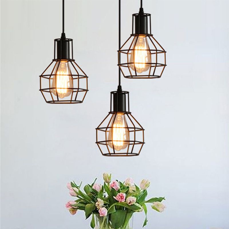 Cage Shade Pendant Lamp Industrial Black Finish Iron Hanging Light for Dining Room