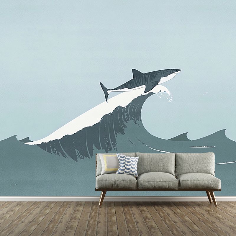 Stain-Resistant Whale Wall Mural Decal Non-Woven Fabric Simple Wall Art for Boy's Bedroom