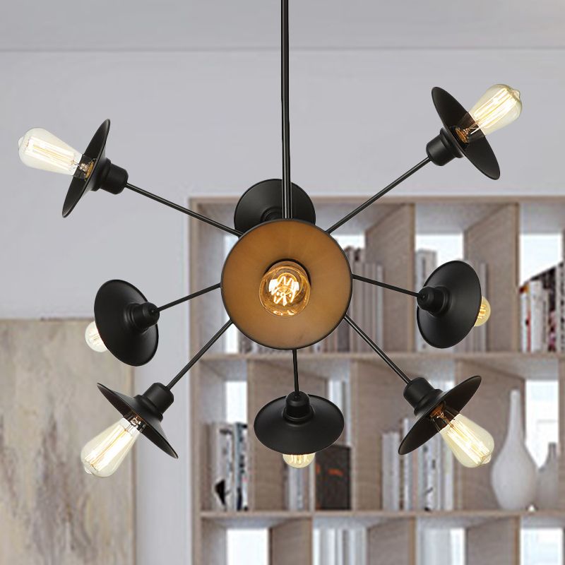 Black Flare Shade Chandelier Lighting Fixture Factory Metal 9/12/15 Lights Living Room Hanging Ceiling Light with Sputnik Design