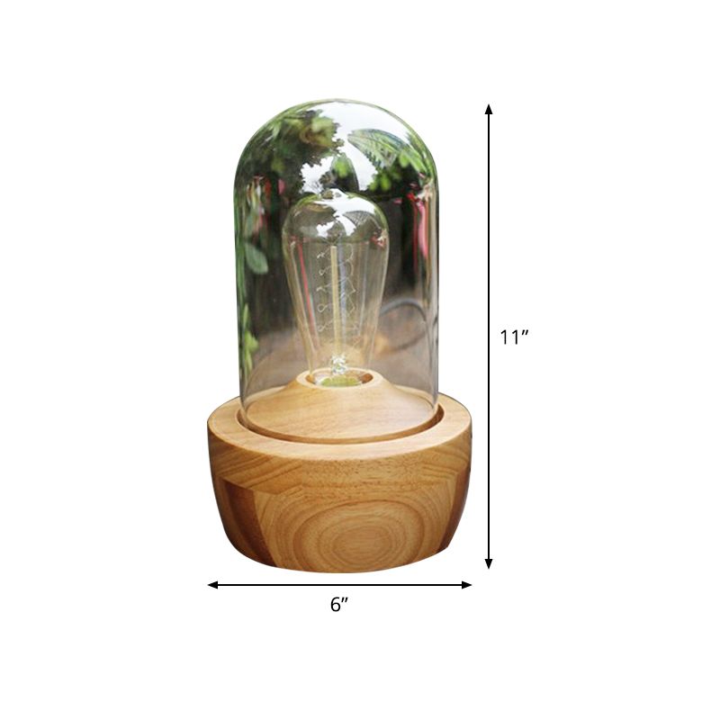 1 Head Cylinder Table Light Modern Clear Glass Nightstand Lamp in Wood for Bedroom