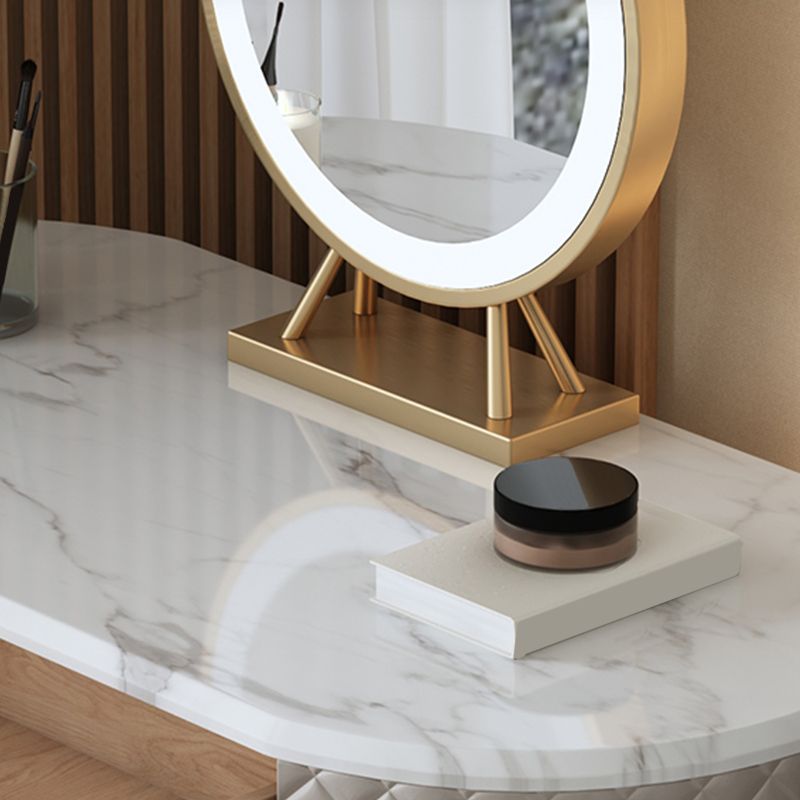 Glam with Drawer Marble Lighted Mirror With Stool Makeup Vanity Desk