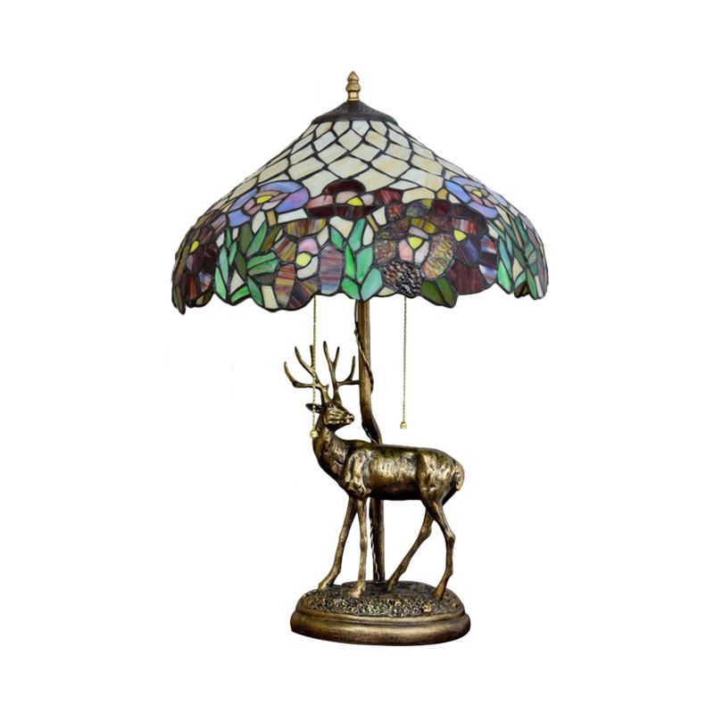 2 Lights Tapered Flower-Trim Table Lamp Tiffany Bronze Stained Glass Pull-Chain Night Light with Sculptured Elk