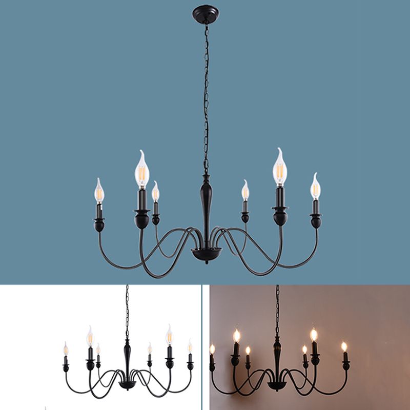 Industrial Metal Swirled Arm Hanging Chandelier Light Black Candle Exposed Bulb Restaurant Drop Lamp