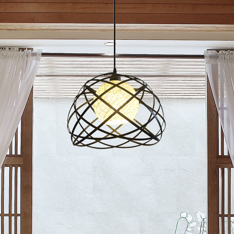 Wire Cage Metal Pendant Light Industrial 1 Light Dining Room Hanging Lamp with Dome Shade in Black