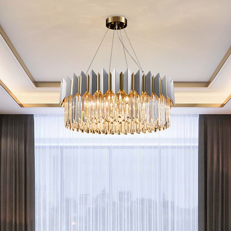 Pendentif de plafond rond contemporain 8 têtes Clear Crystal Prisms lustre luminaire en or