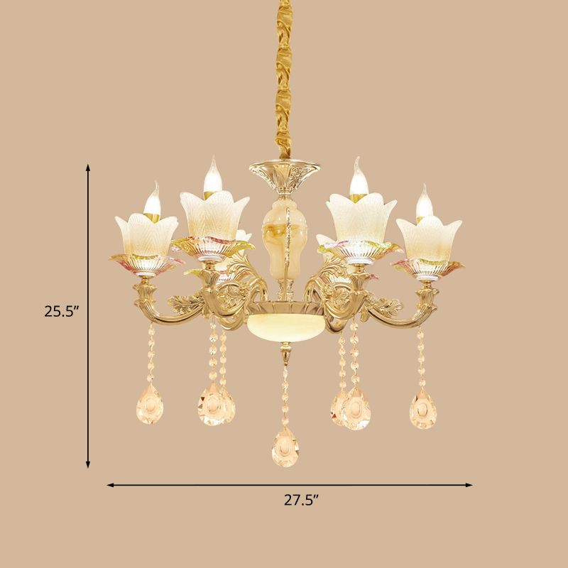 Floral Family Room plafond kroonluchter antiek wit glas 6-head gouden hangende verlichtingsarmatuur