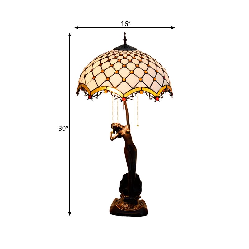 Resin Coffee Pull-Chain Night Stand Light Lady Statue 3-Light Tiffany Table Lamp with Parrot Blue-Brown/Trellis Yellow-White Glass Shade