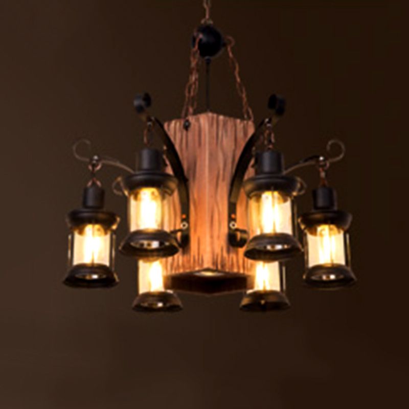 Wood Shaded Ceiling Hung Fixture Industrial Style Restaurant Ceiling Chandelier in Black