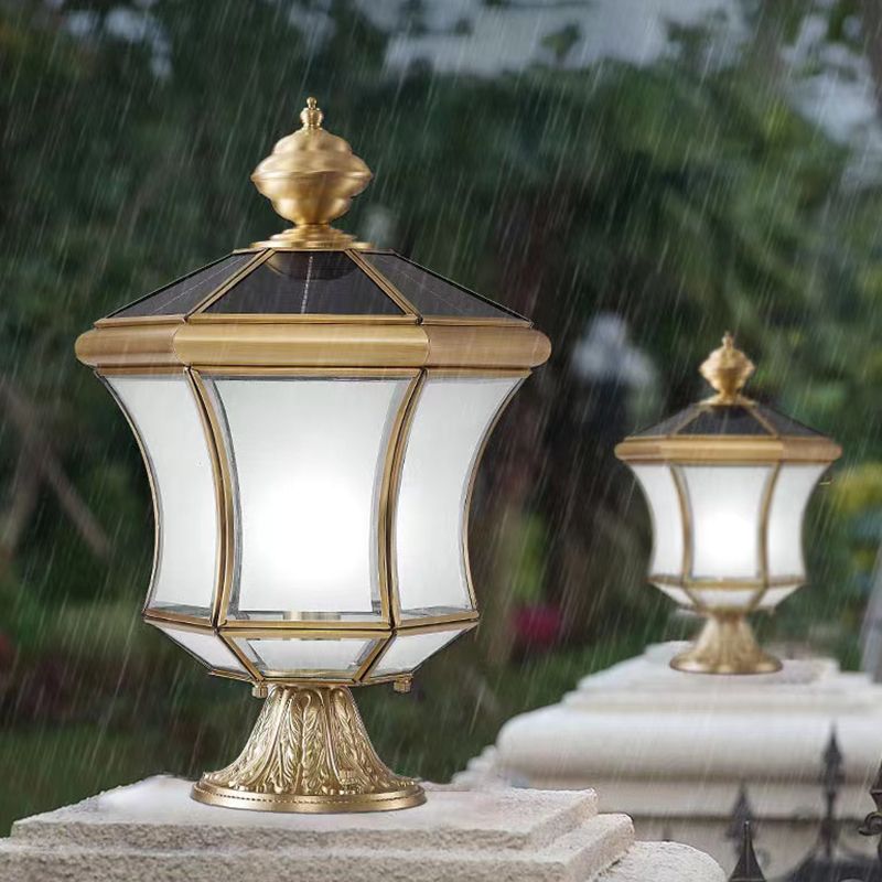 Metal Drum Shape Outdoor Lights Modern Style 1 Light Solar Pillar Lamp in Brass