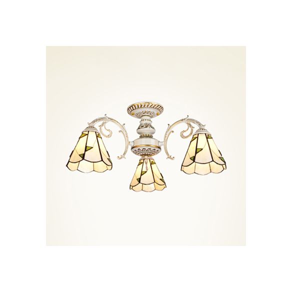 Traditional Leaf Semi Flushmount Beige Glass Shade 3 Light Semi Flush Lamp in White/Antique Brass for Dining Room