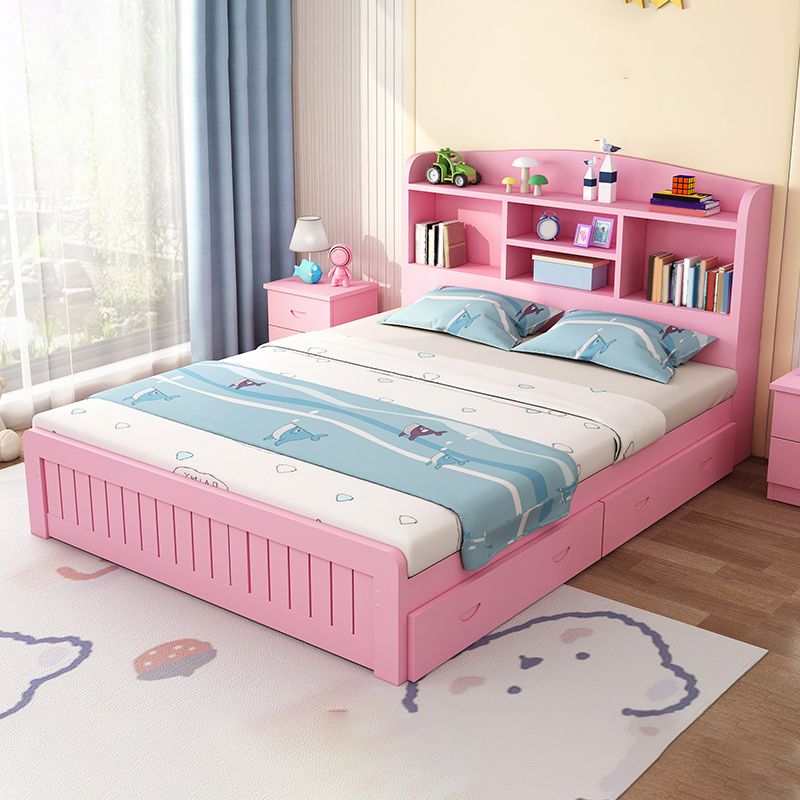 Scandinavian Platform Bed Solid Wood Kids Bed with Headboard and 2 Drawers