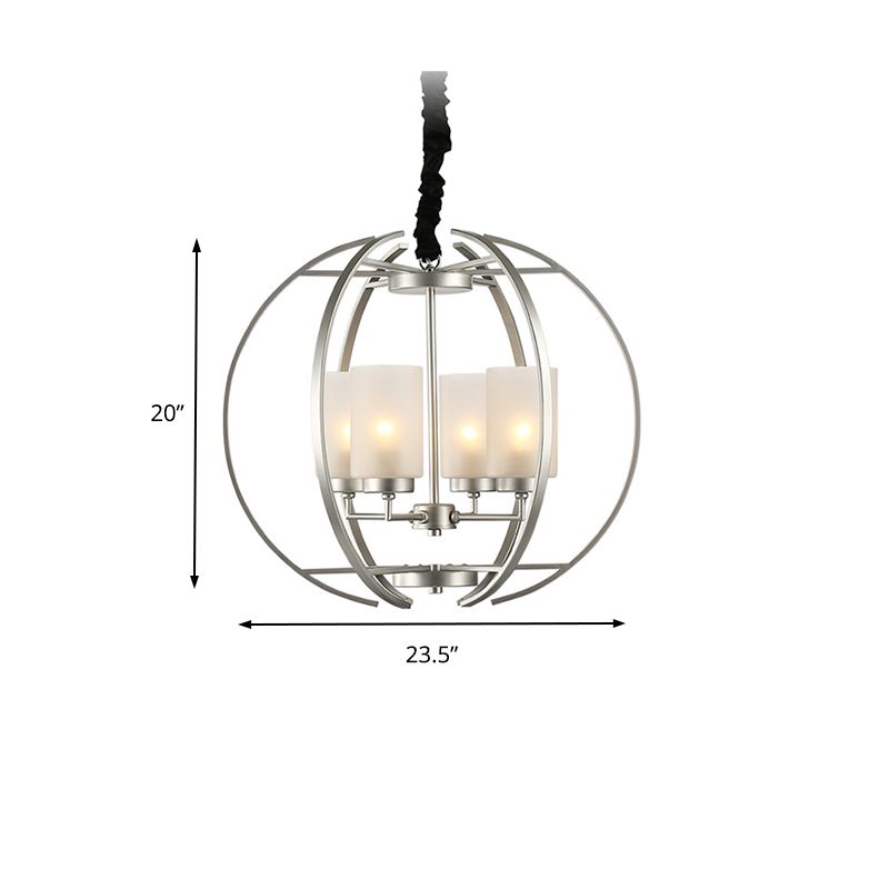 Cylinder Frosted Glass Hanging Light Contemporary 4-Head White Up Chandelier Pendant with Sphere Frame