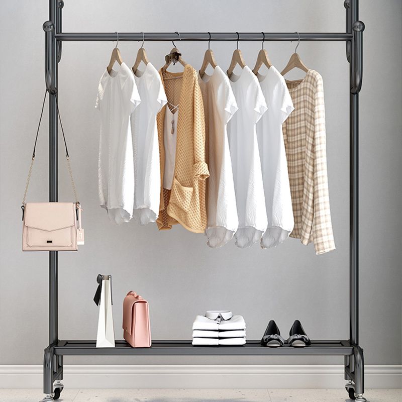 Classic Metal Clothes Hanger Castors Detail Free Standing Coat Rack with Storage Shelving