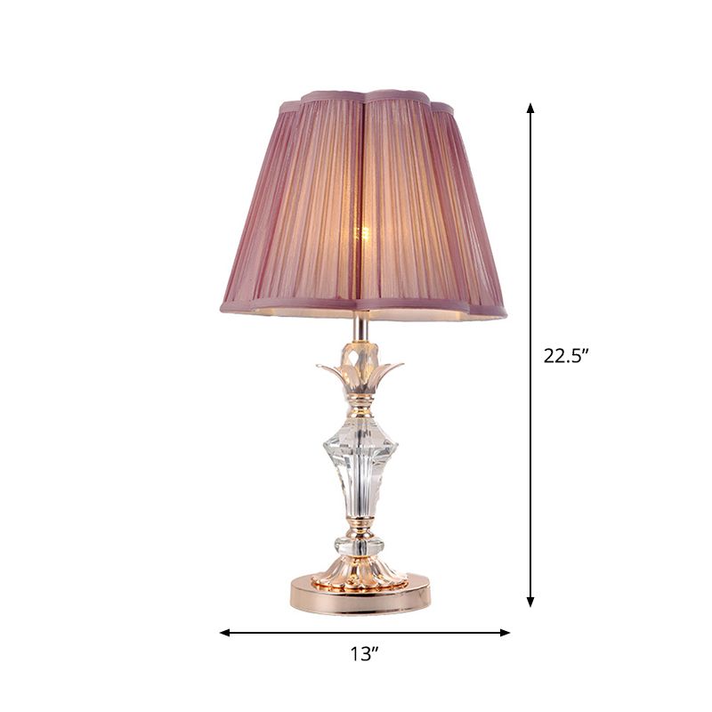 Candlestick Bedroom Desk Light Classic Clear Crystal 1-Head Pink Nightstand Lamp with Scalloped/Tapered Shade