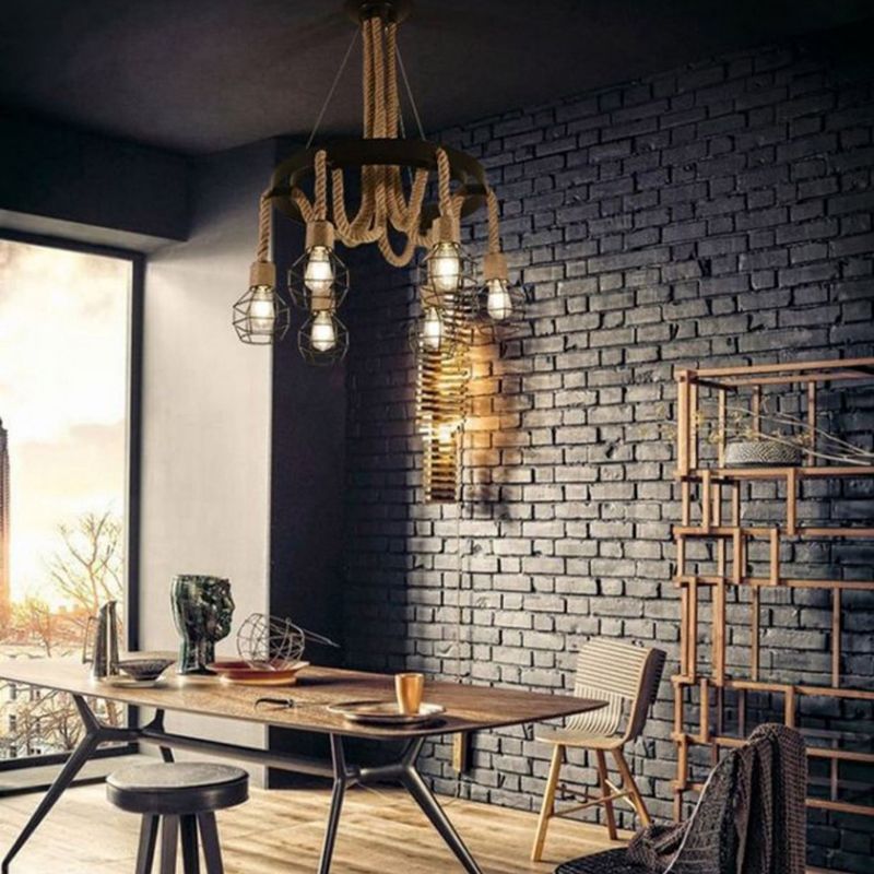 Cage Chandelier Light Fixture Industrial Rope Pendant Lighting for Restaurant