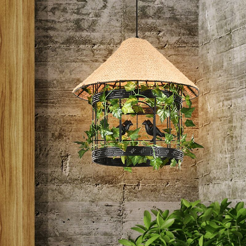 1-Bulb House Pendant Ceiling Light Vintage Black/Rust Finish Rope Hanging Lamp Kit with Flower/Vine Deco